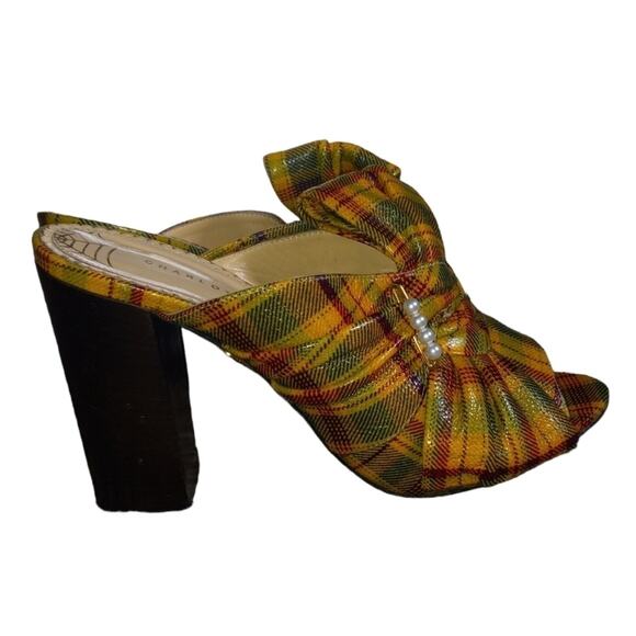 Charlotte Olympia Yellow Plaid and Pearl Bow Front Leather Stacked Heel Mules